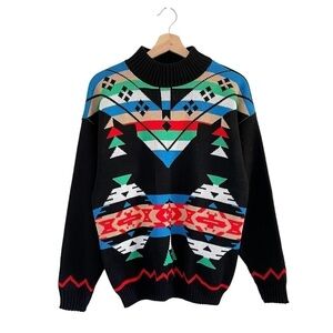 Vintage 90s Mock Neck Patterned Knit Pullover Sweater Black Multicolor Medium